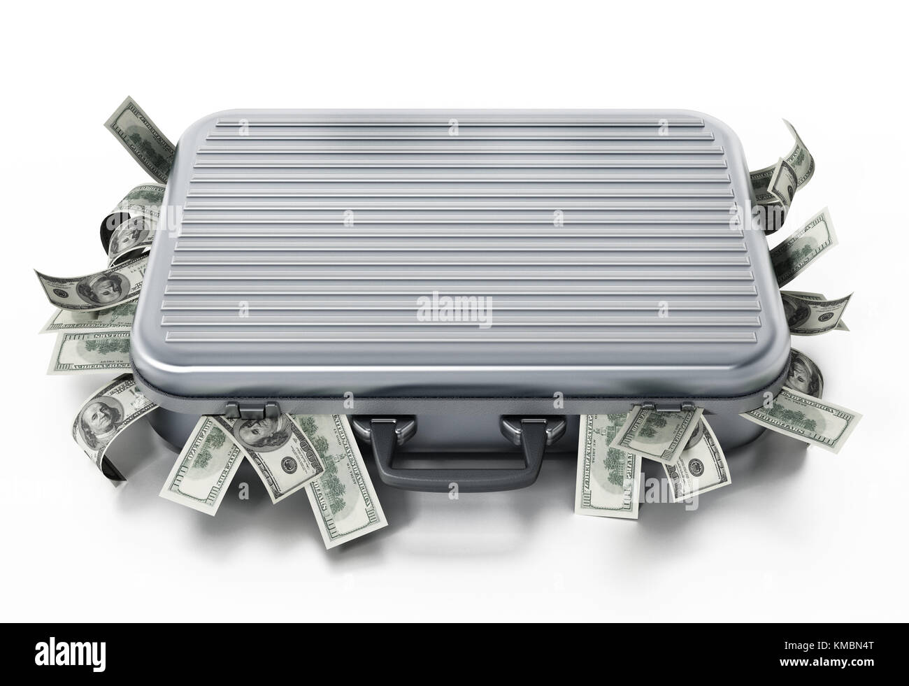 Dollar Pfähle in Aktenkoffer auf weißem Hintergrund. 3D-Darstellung. Stockfoto