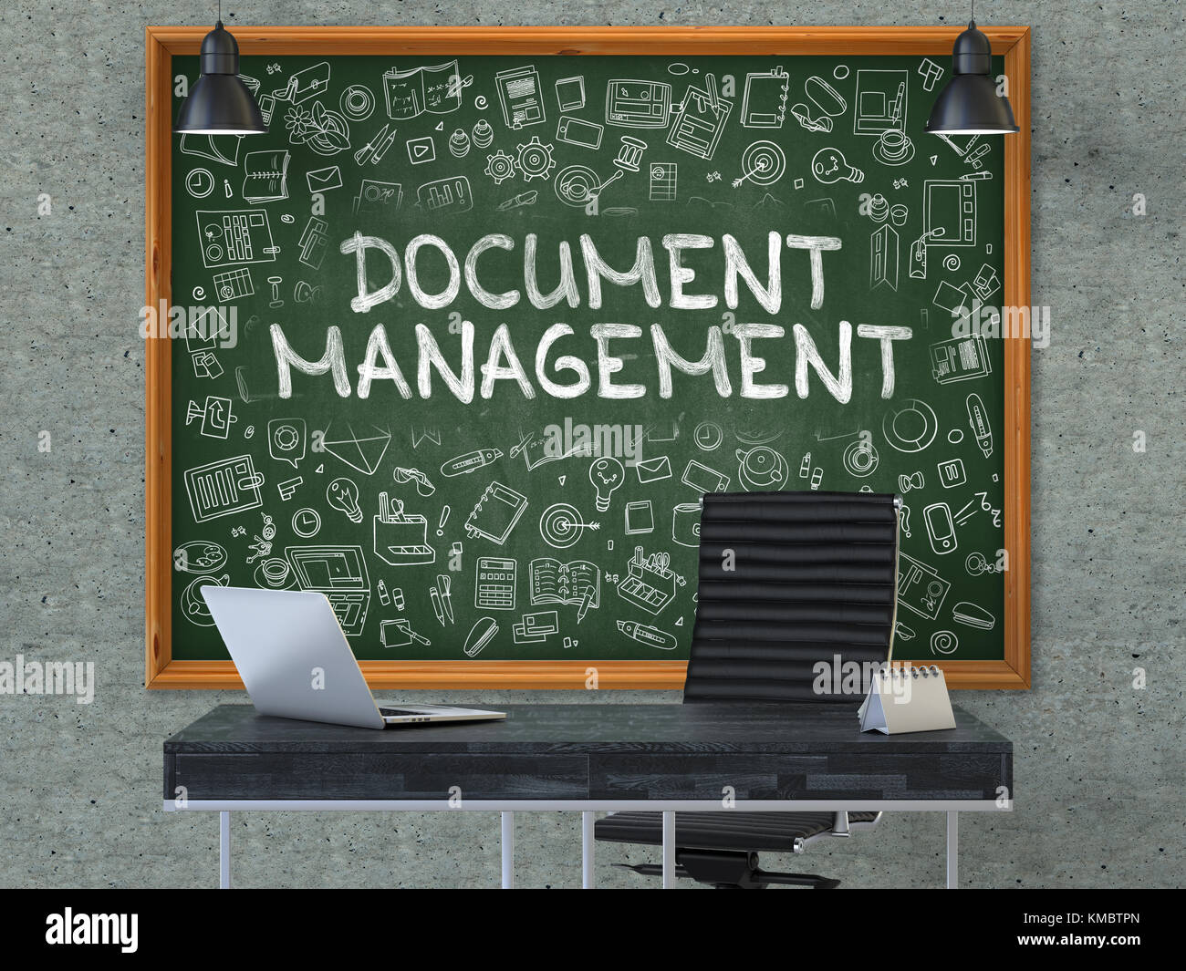 Document Management Konzept. doodle Symbole auf dem Schwarzen Brett. 3d. Stockfoto
