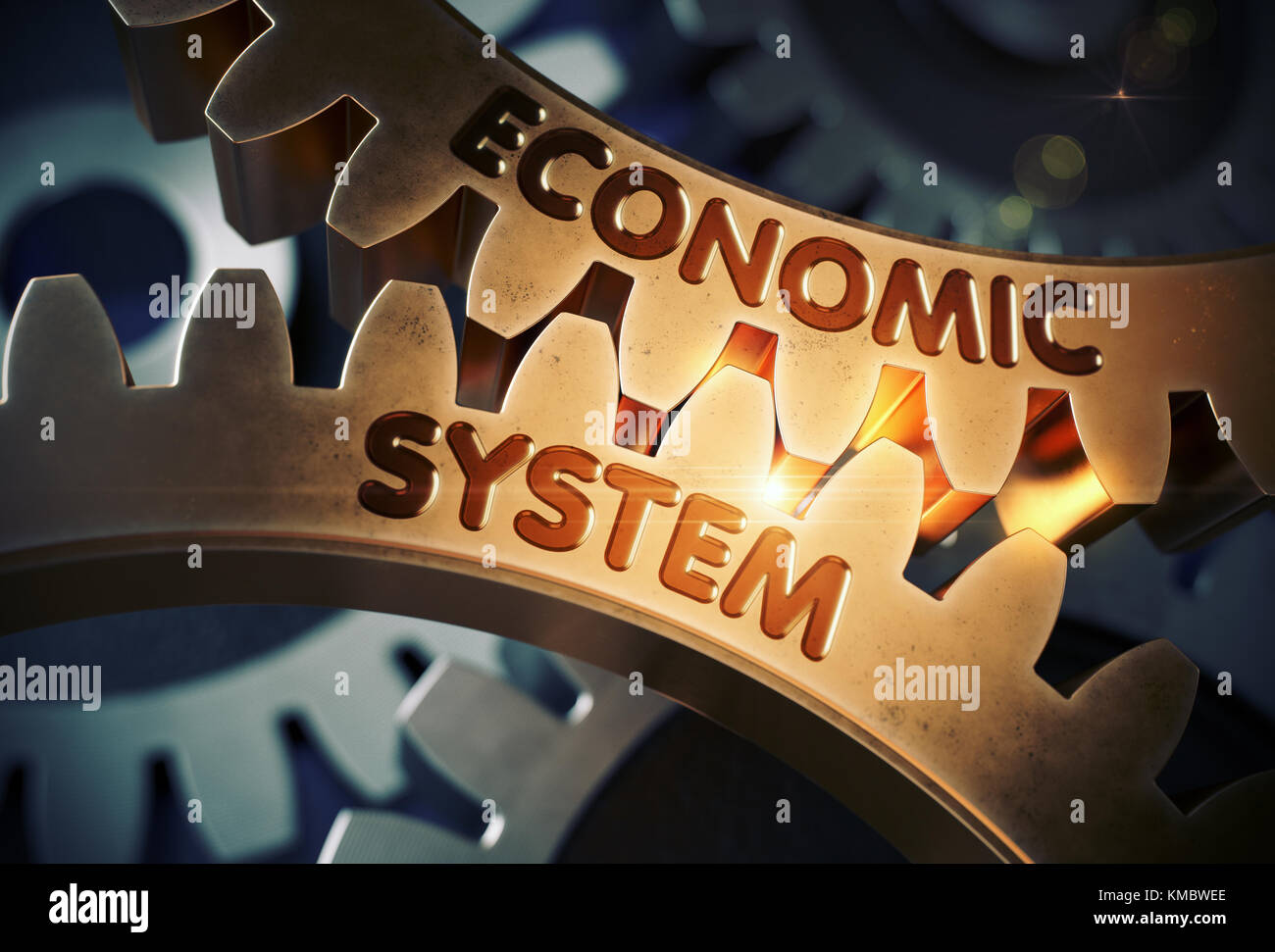 Wirtschaftliche system Konzept. Goldene Zahnrad Zahnräder. 3D-Darstellung. Stockfoto