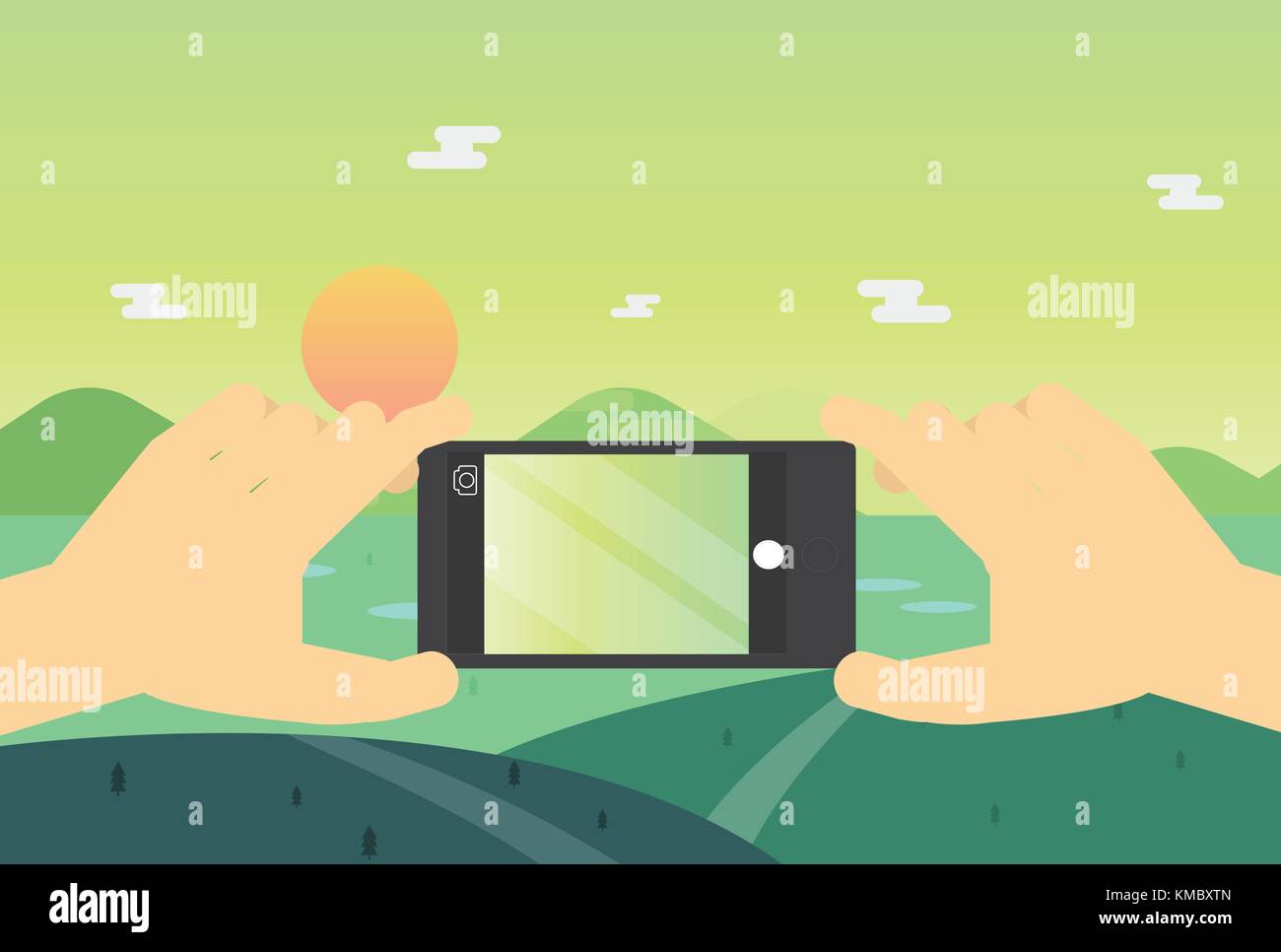 Flach mobile Landschaft Foto Vektor. Hände mit Telefon, Bild der Natur. Moderne mobile Fotografie Konzept. Vector Illustration Stock Vektor