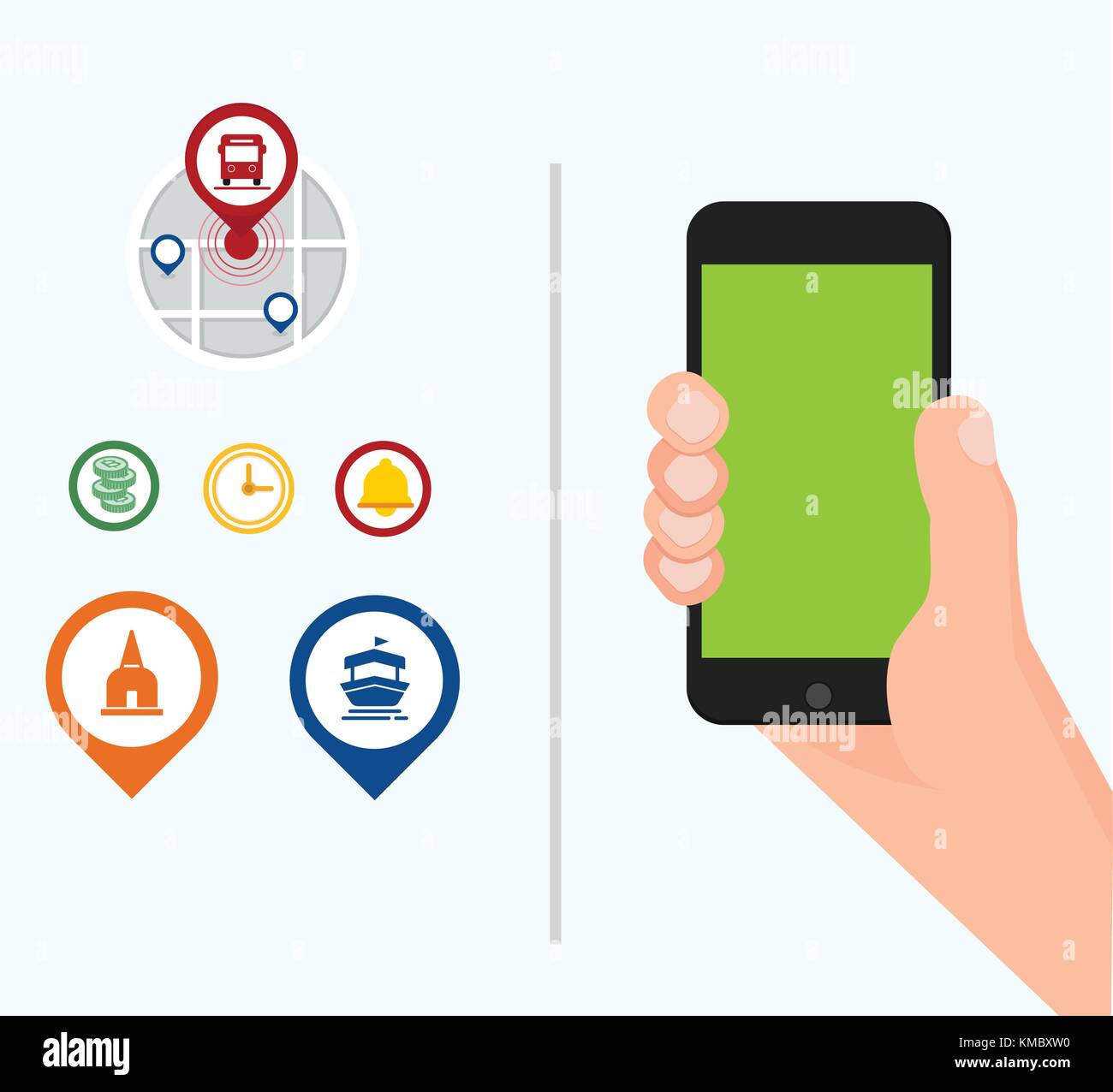 Hand, schwarz Handy mit Green Screen Vektor und Reisen pin-Symbole Stock Vektor