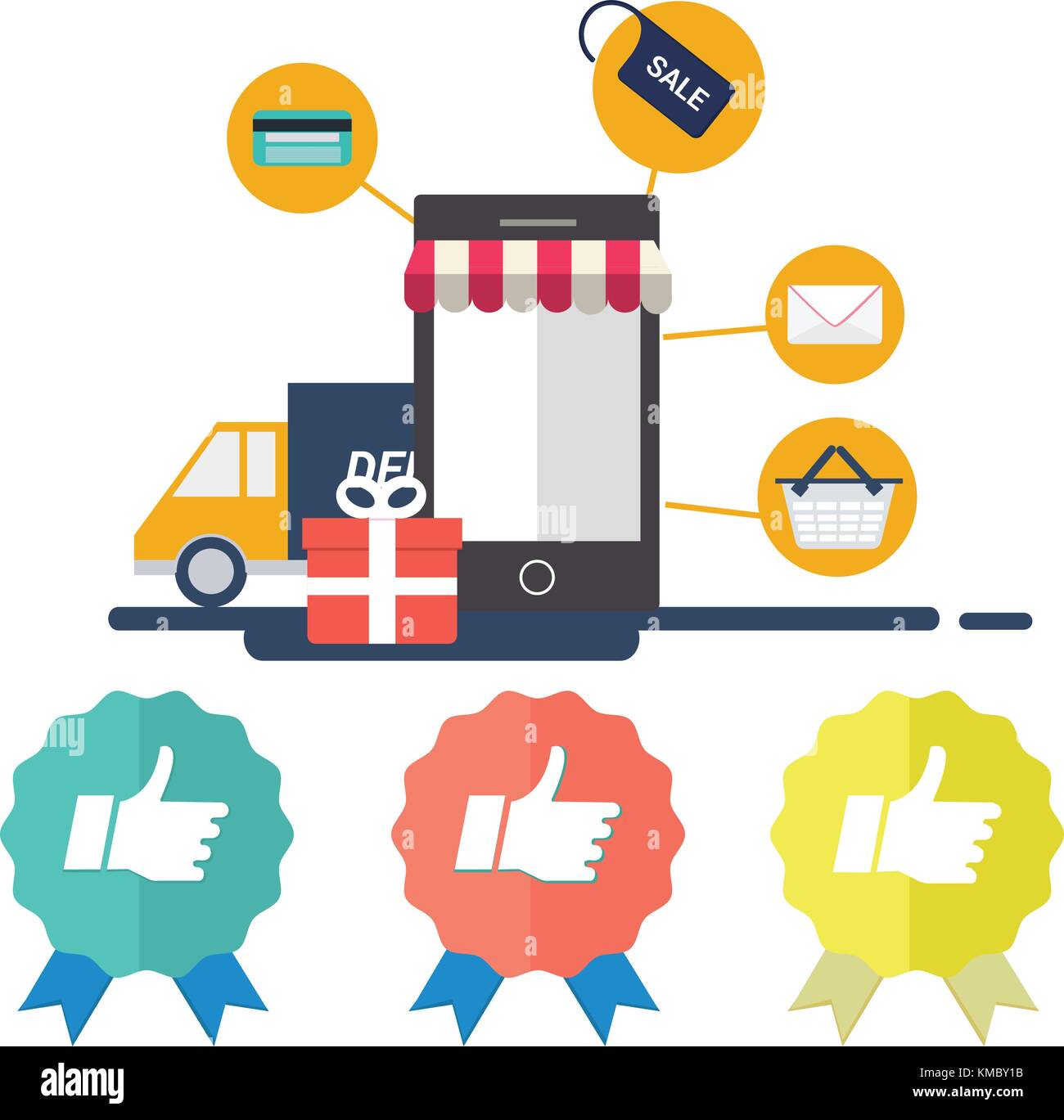 E-commerce Mit Handy mit Kreditkarte, Verkauf, Warenkorb, Mail und Geschenk Symbole. gutes Geschäft Konzept mit e-commerce Vektor. Easy Life Konzept. Stock Vektor