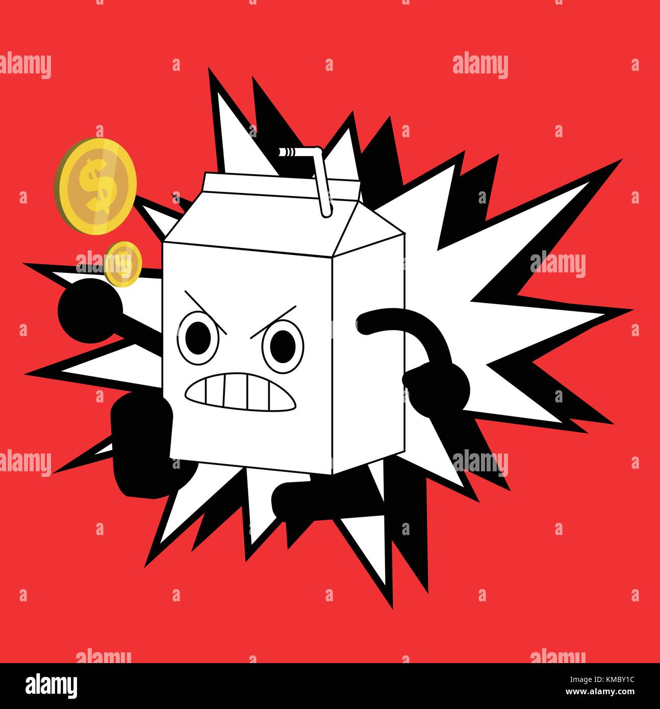 Süße Milch, fighter cartoon Charakter mit Münzen und weißen burst Grafik. Charakter Comic mit rotem Hintergrund. Stock Vektor