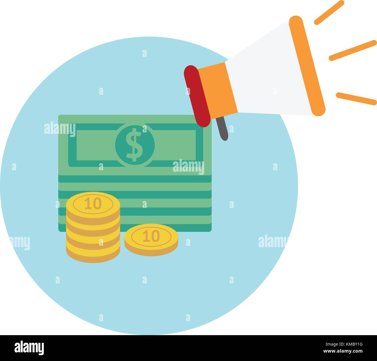 Flache Geld mit Megafon auf Kreis blau Vector icon.promotion Konzept Stock Vektor