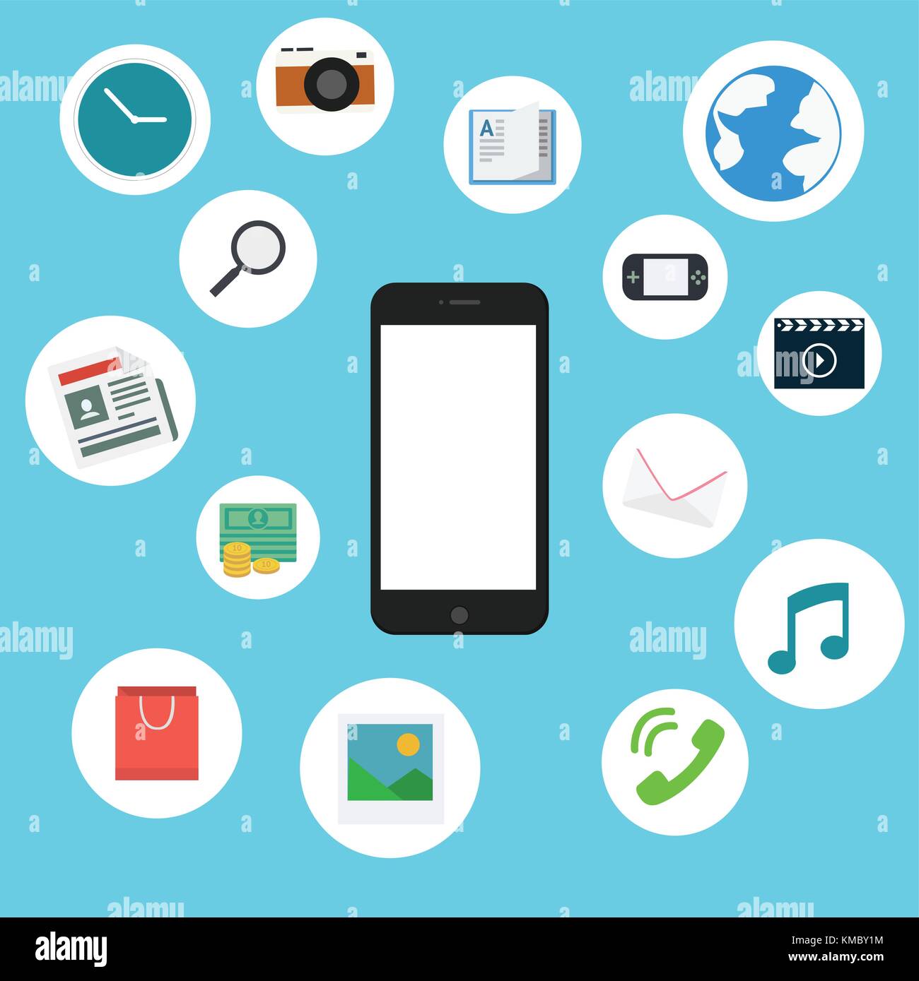 Flache Handy mit Unterhaltung Symbole in weißen Blase und blauem Hintergrund. Stock Vektor