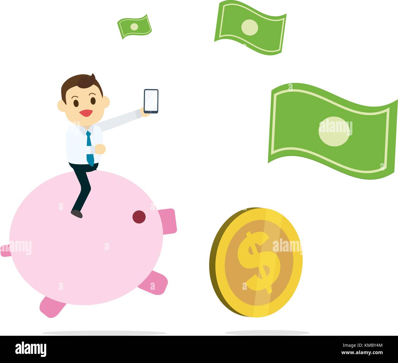 Young Business Mann, Telefon und Pink Pig Fahrt Geld Vektor zu halten. Geld sparen. Stock Vektor