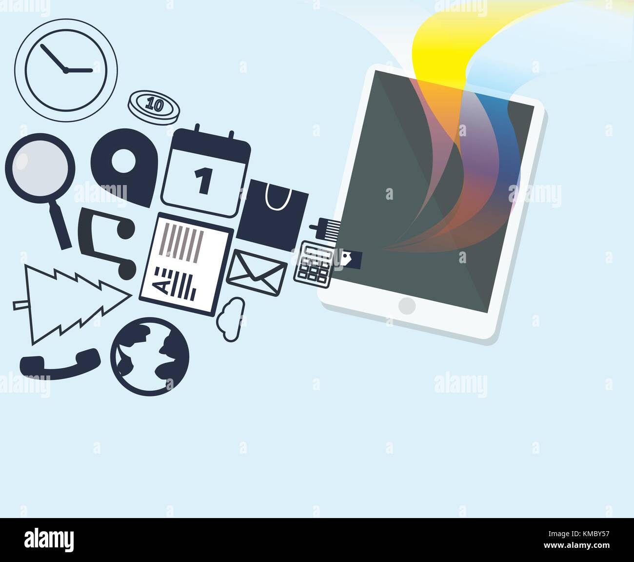 Tablet-PC mit Media Icons und buntes Licht. Technologie Phantasie Idee Konzept Stock Vektor