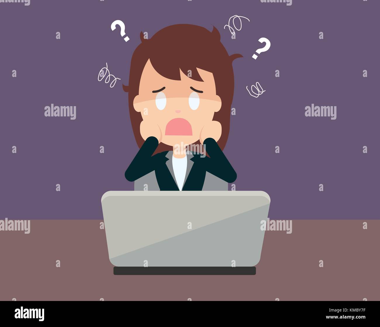 Business woman Cartoon vor einem Problem von Ihrem Business mit Laptop auf dem Schreibtisch Vector Illustration Stock Vektor
