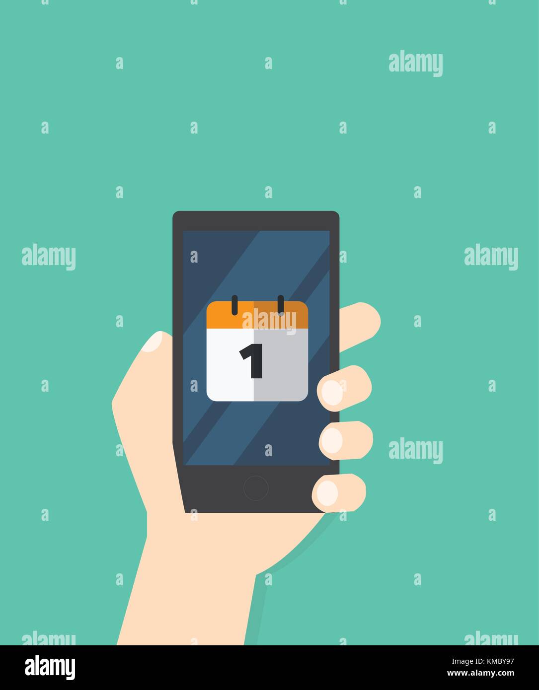 Hand mit Symbol Kalender auf Handy Vector Illustration, Hand halten smart phone Bildschirm mit der Anwendung "Kalender" Stock Vektor