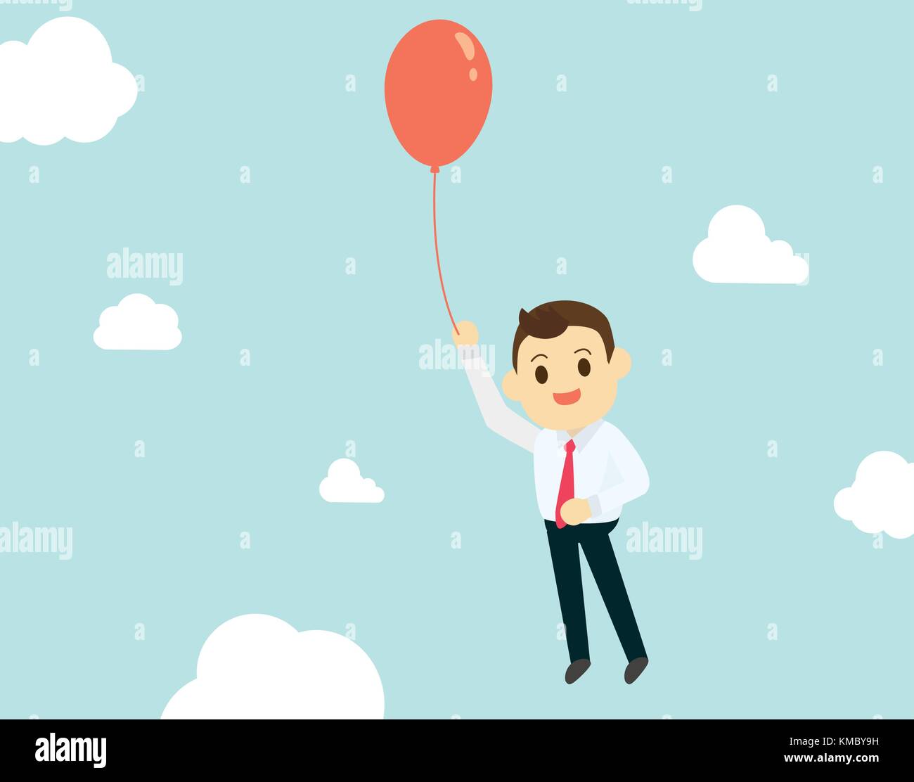Geschäftsmann mit einem roten Ballon hoch und Himmel Hintergrund Vector Illustration Stock Vektor