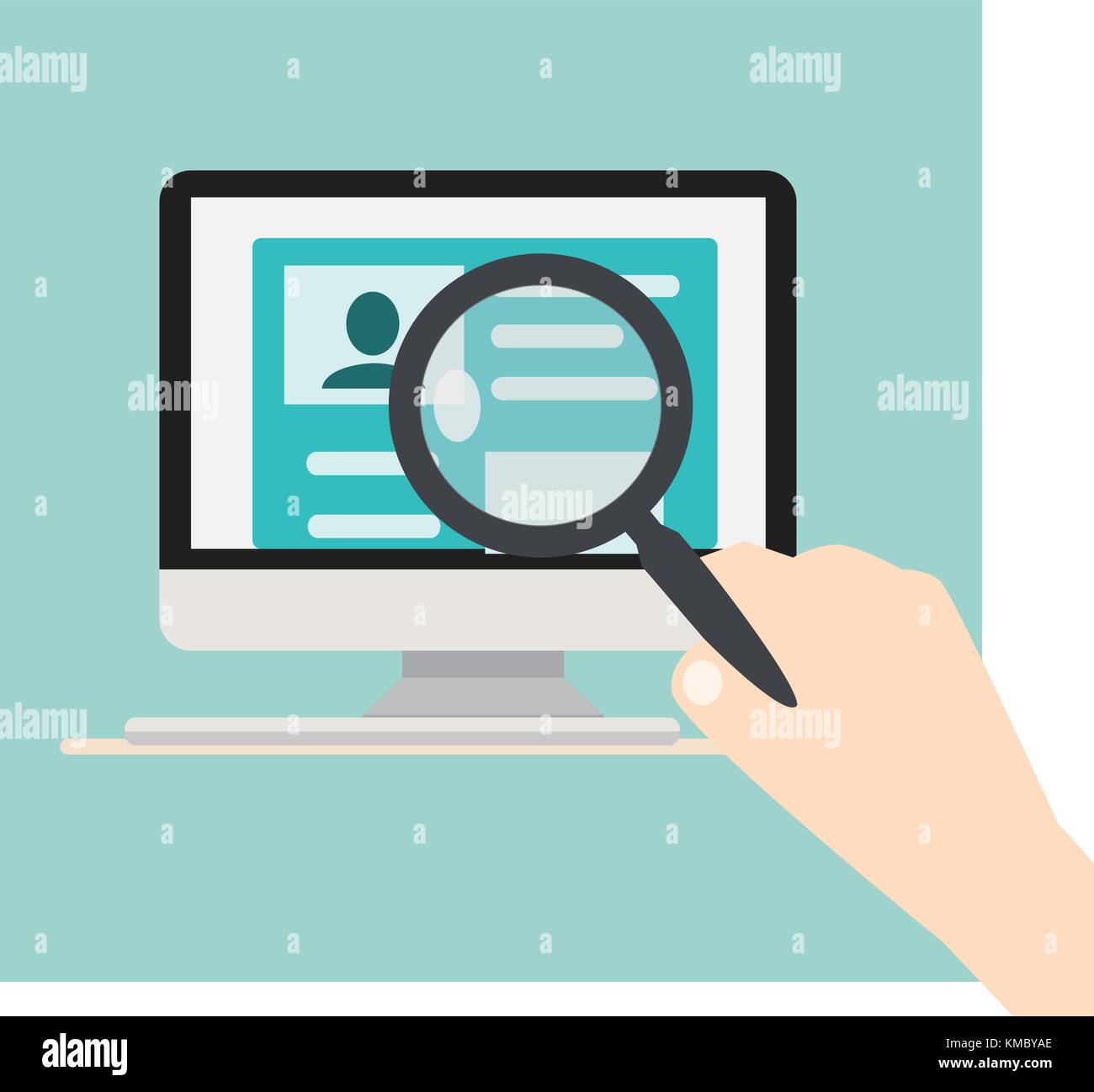Suche Leute concept.Computer auf einen Schreibtisch und eine Hand mit Lupe über Suche Person auf dem Bildschirm Vector Illustration Stock Vektor