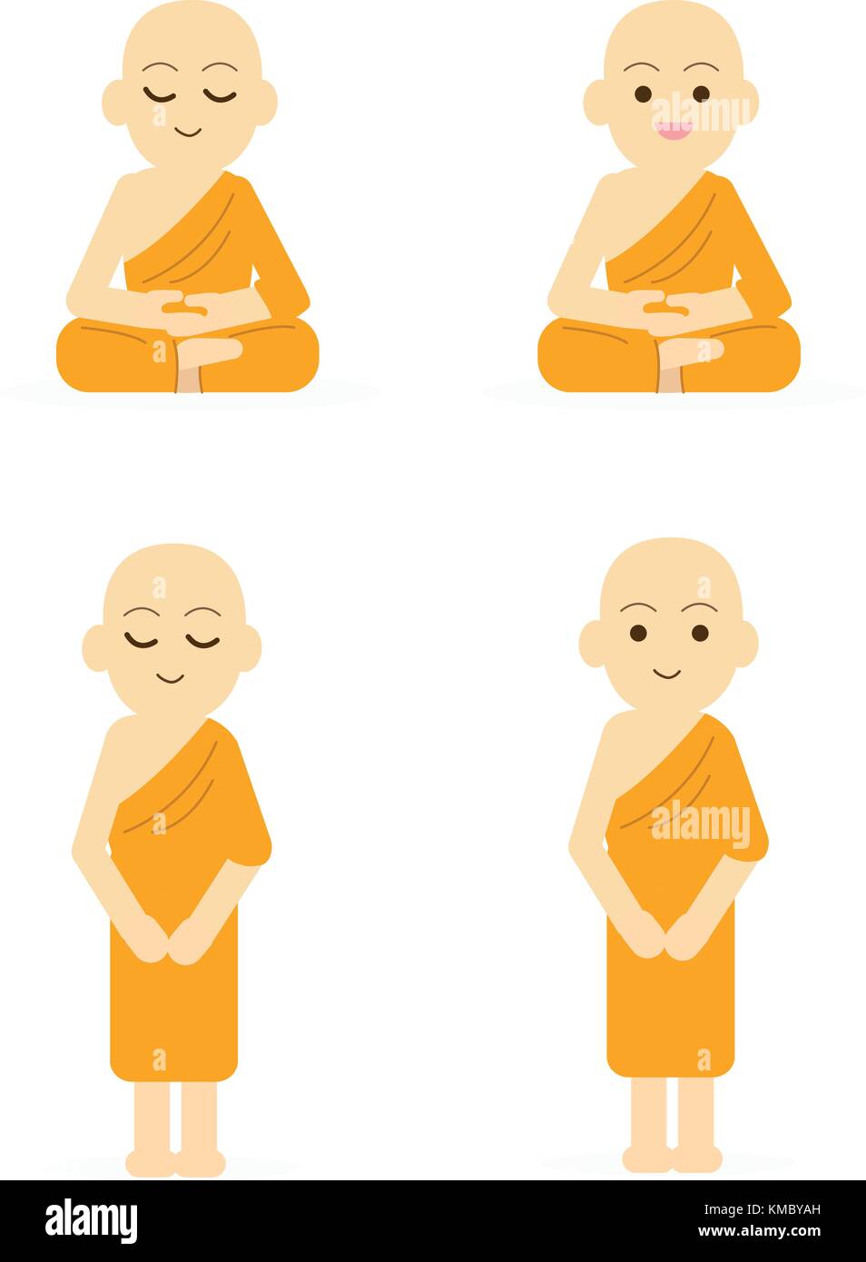Mönch cartoon friedliche isoliert weißer Hintergrund. Buddha Zeichensatz Vector Illustration Stock Vektor