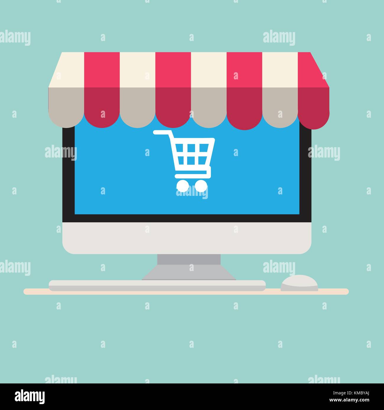 Computer mit Markise und Warenkorb Symbol auf screen.Computer mit Tastatur und Maus. Online Shopping Konzept. Vector Illustration Stock Vektor