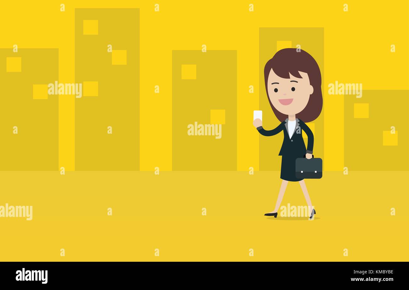 Junge Geschäftsfrau mit einem Smart Phone beim Gehen in der Stadt Vektor- und Darstellung. flat Business woman walking Design. Stock Vektor