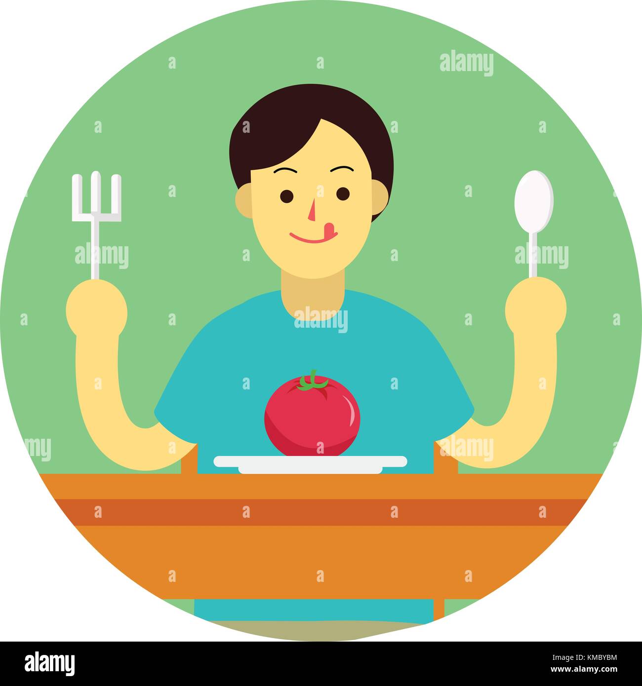 Junger Mann bereiten Tomaten mit Löffel und Gabel am Tisch zu essen. flachbild Mann cartoon Design im grünen Kreis Vector Illustration Stock Vektor