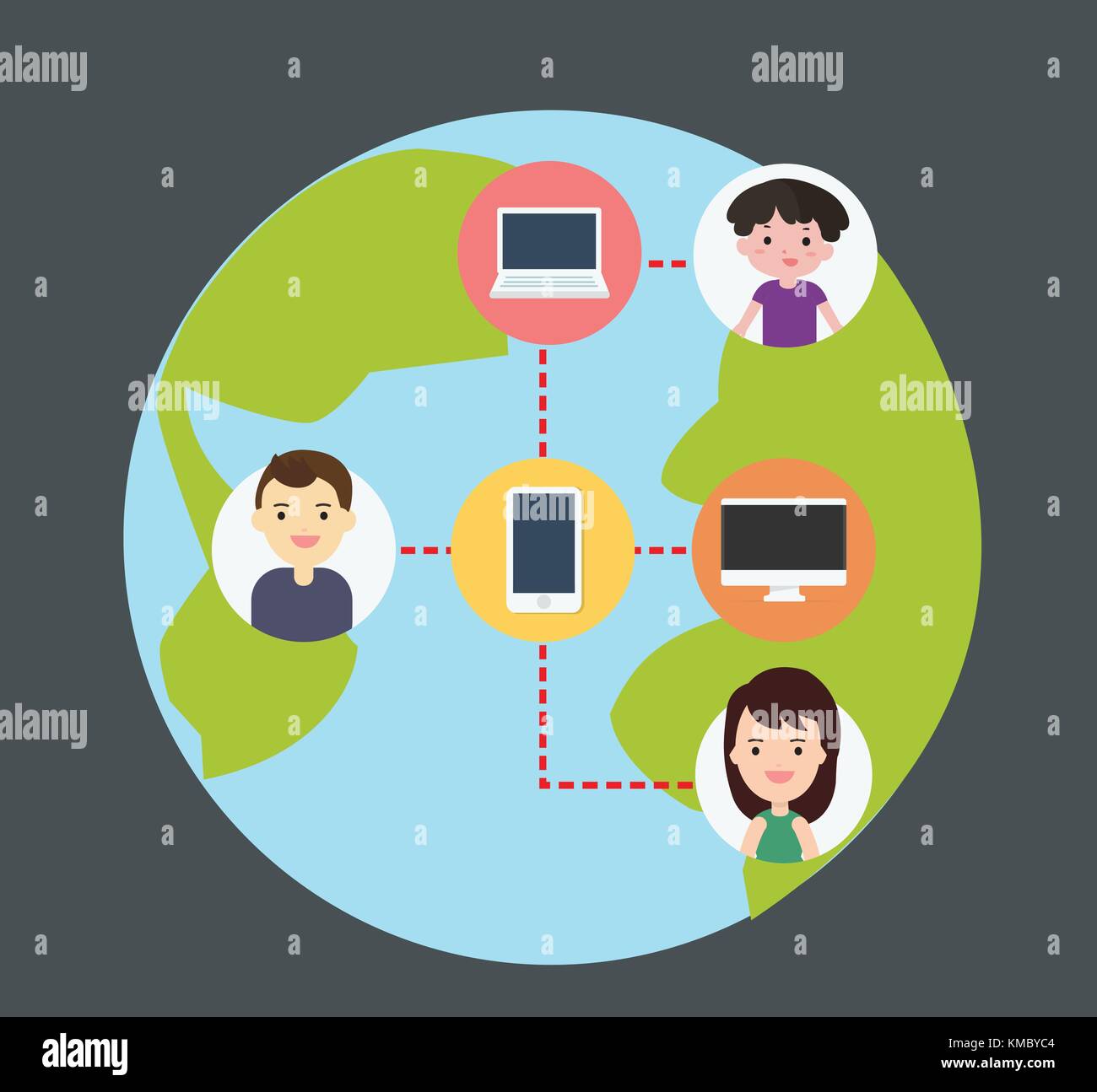 Konzept der Verbindung von Menschen und Technologie, Wireless verbinden Menschen rund um die Welt, flache Bauform Zeichentrickfiguren Vector Illustration Stock Vektor