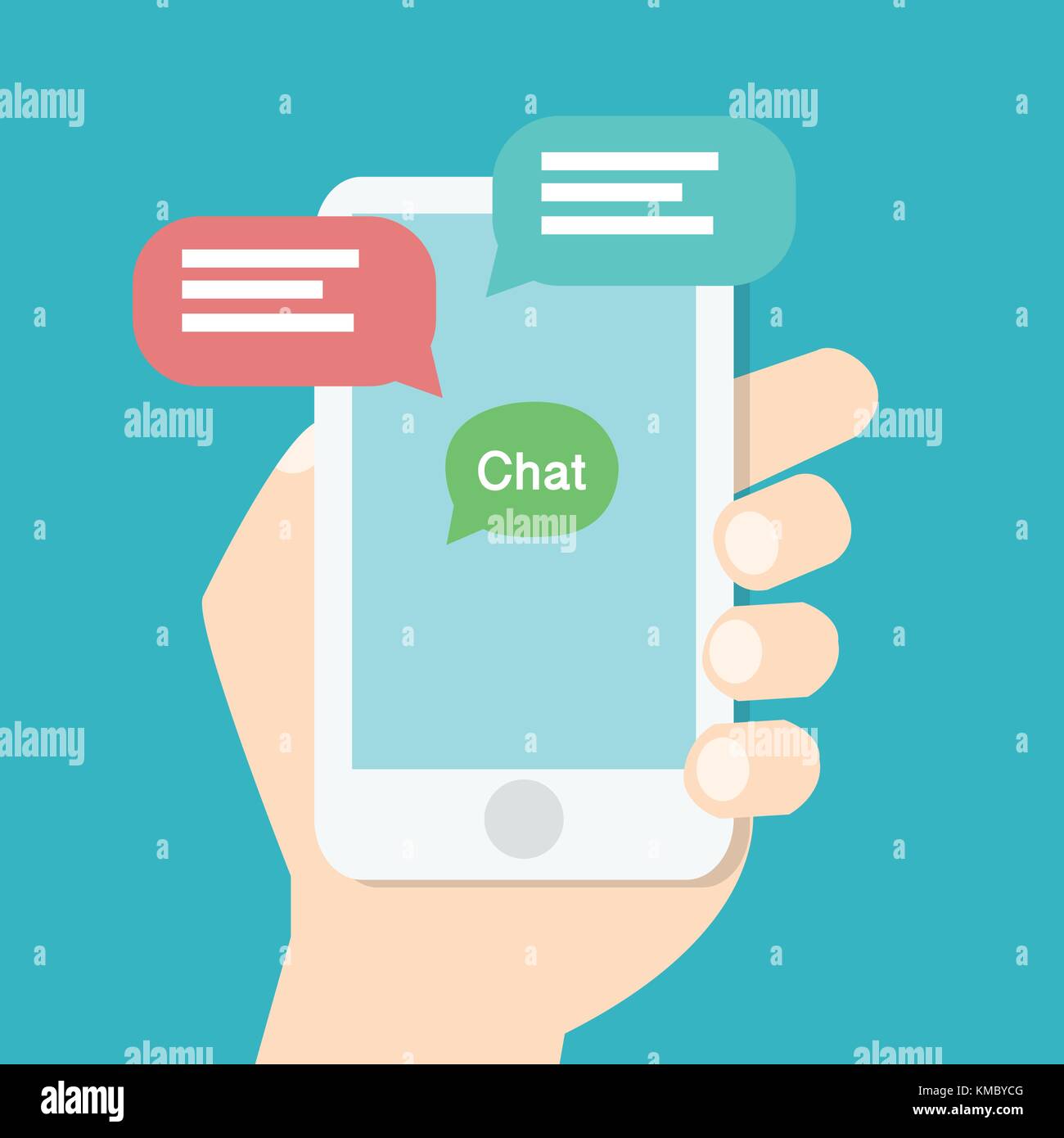 Hand, Smart Phone, mit der Anwendung auf dem Bildschirm und rede Chat Box, online Konzept chatten. Moderne grafische Elemente für Websites. Flaches Design Stock Vektor