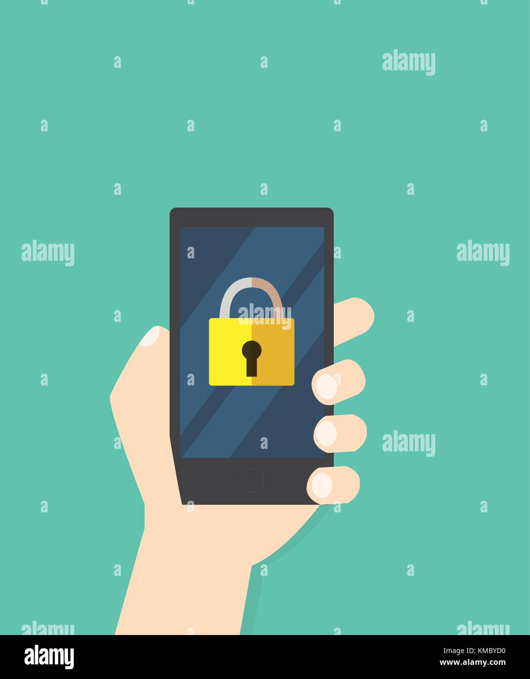 Sperrsymbol auf dem Mobiltelefon Vector Illustration, Hand halten smart phone Screen mit gelben Anwendung sperren und Sparen, Sicherheitskonzept Stock Vektor