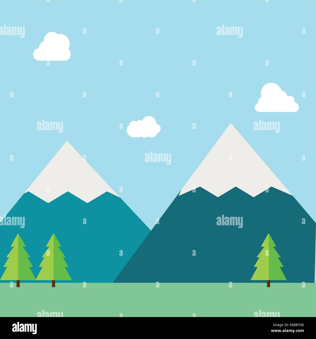 Flache natürliche Vector Illustration mit Bergen, Wäldern, Feld und Sky Stock Vektor