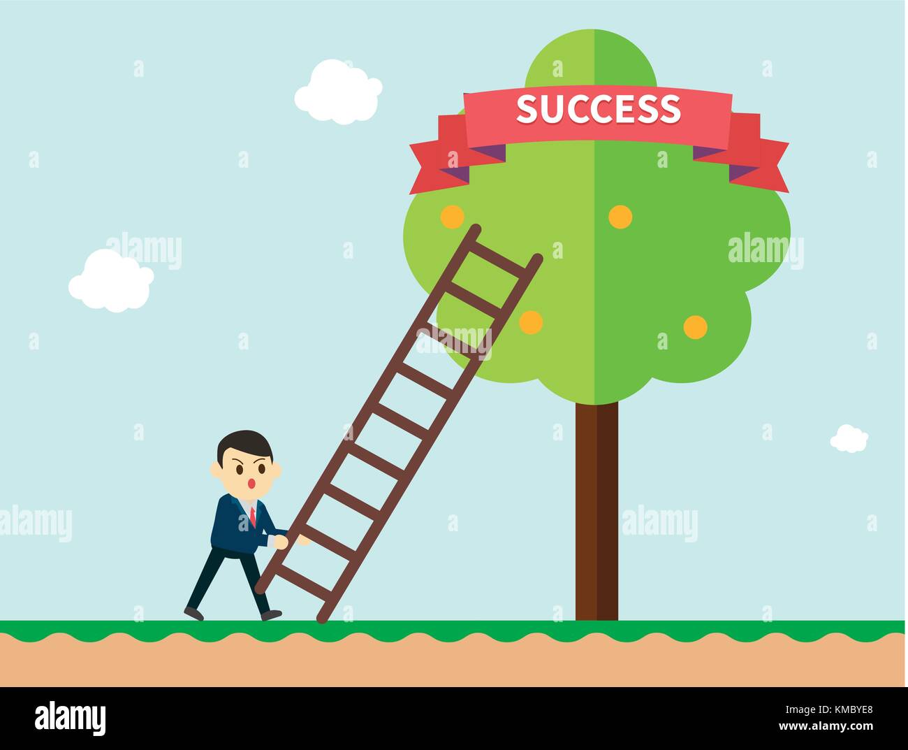 Unternehmer bis zu den Erfolg Band auf einem Baum mit Leiter. Geschäftskonzept eine Leiter Corporate Erfolg. Vector Illustration. Stock Vektor