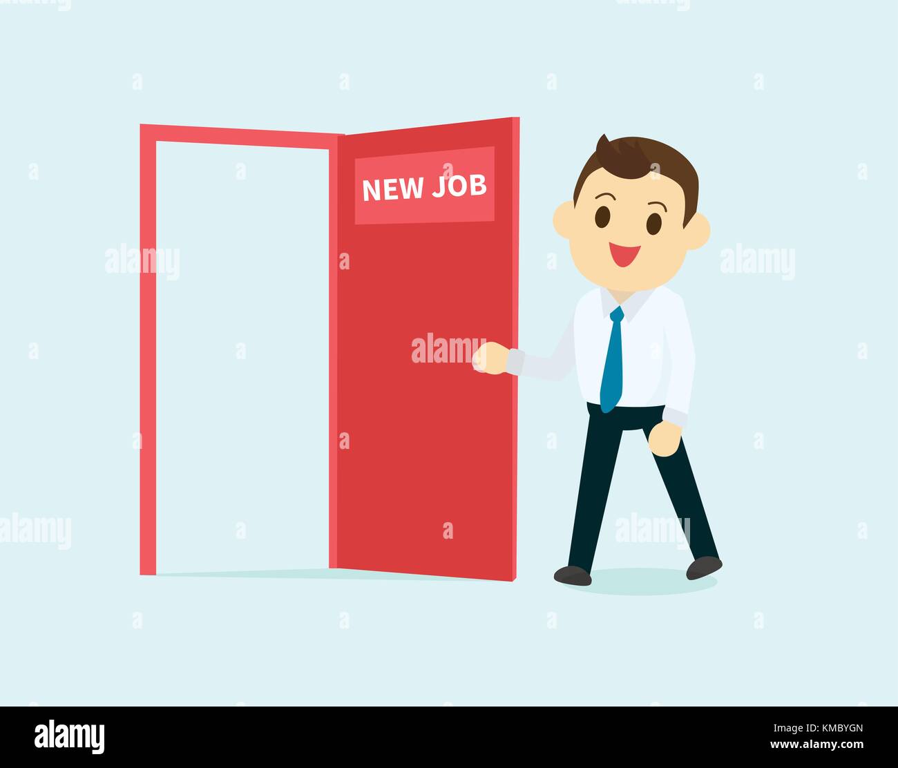 Mitarbeiter gehen und Öffnen der roten Tür mit neuer Job text Vector Illustration. Geschäftsmann Cartoon Character Design glücklich zu neuen Job Stock Vektor