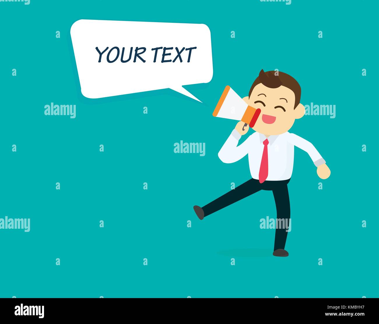 Geschäftsmann mit Megafon und rede Textfeld.. glücklich Zeichen sprechen Lautsprecher mit Textfeld Vector Illustration. Stock Vektor