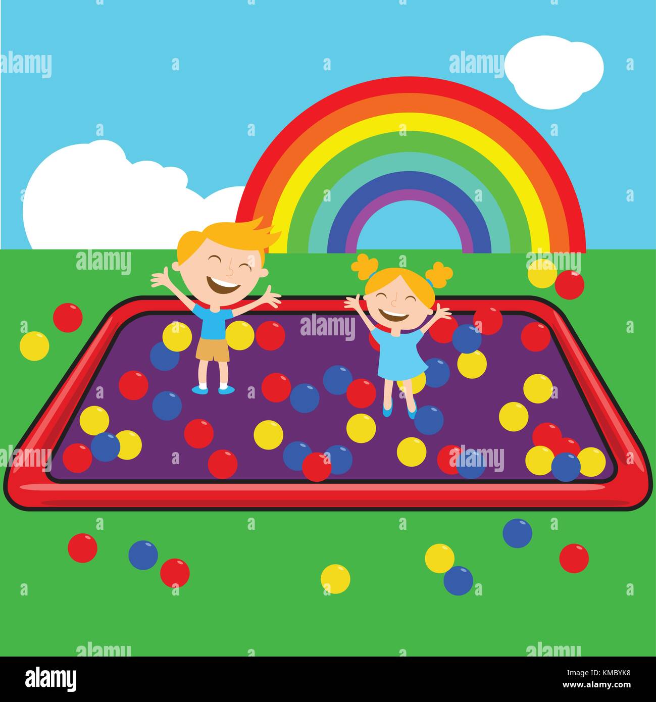 Kinder im Ball Haus mit bunten Ball und Regenbogen Hintergrund Stock Vektor