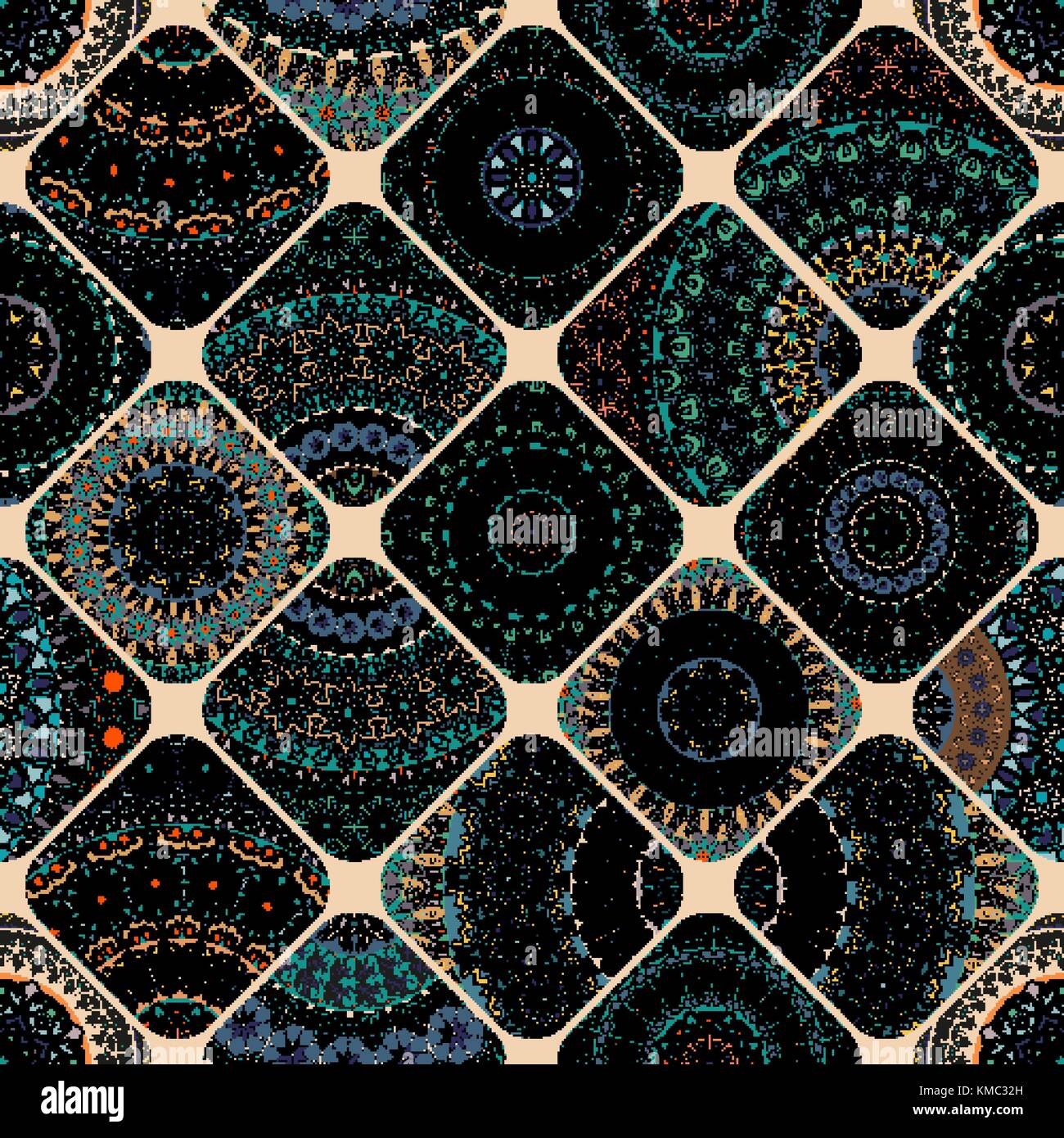 Bunte vintage nahtlose Muster mit floralen und Mandala Elemente. Hand gezeichnet Hintergrund. Kann für Textilien, Tapeten, Fliesen, Verpackung benutzt werden, umfasst ein Stock Vektor