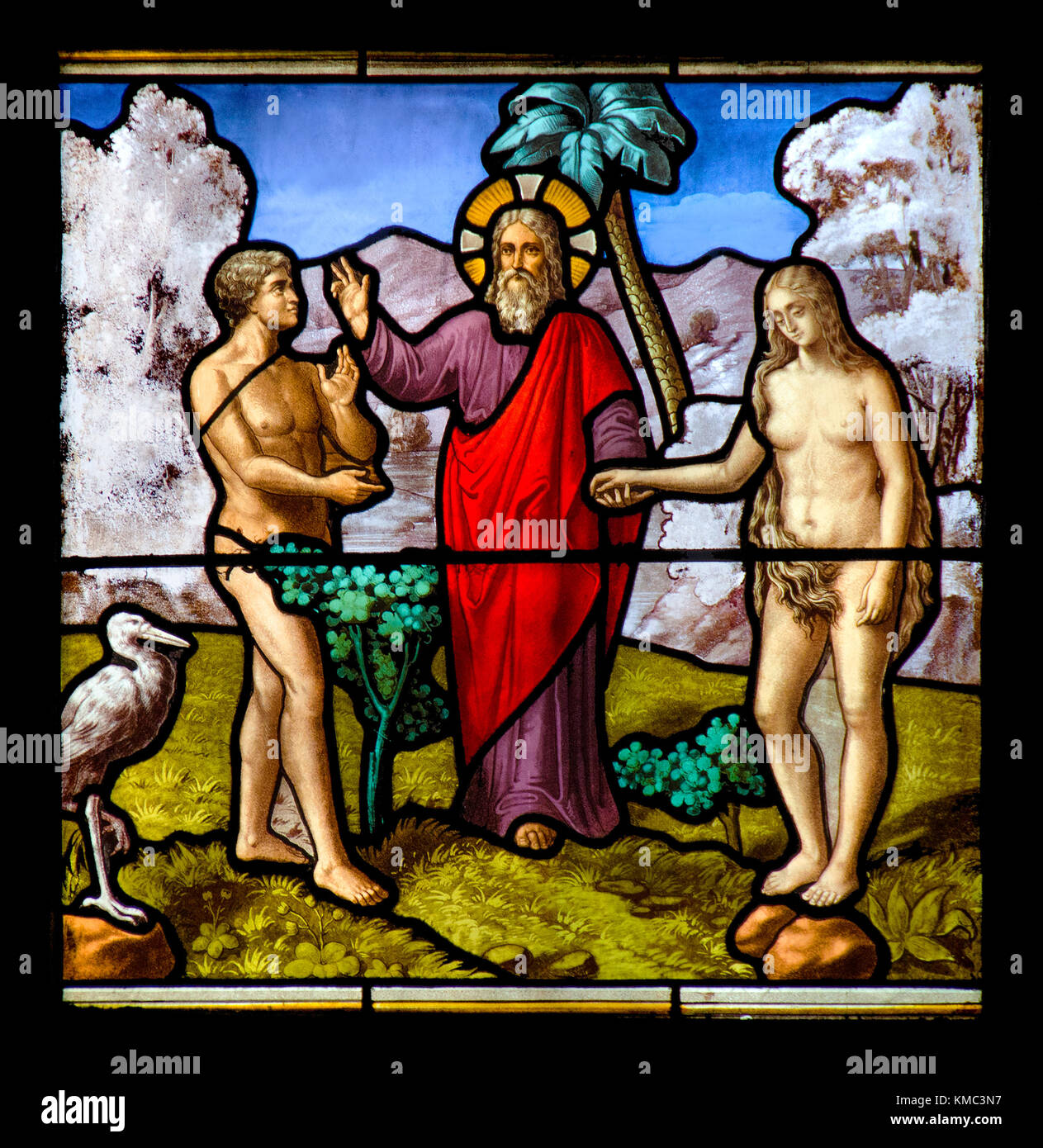 Paris, Frankreich. Église Saint-Leu-Saint-Gilles de Paris ' Kirche von St Leu / St Giles. Glasfenster: Garten Eden - Adam und Eva Stockfoto