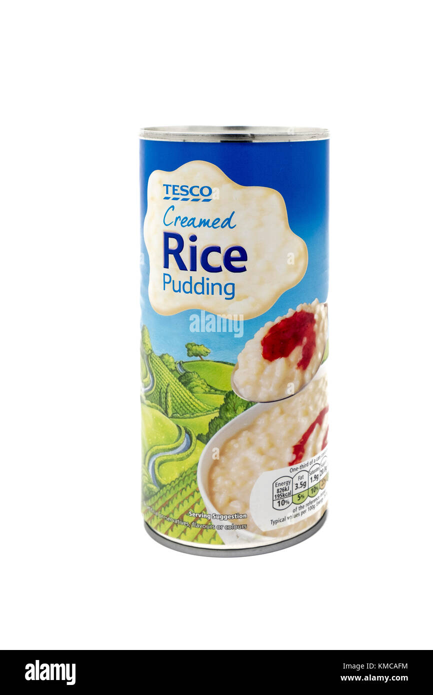 Blechdose von Tesco Rahmspinat Milchreis Stockfoto