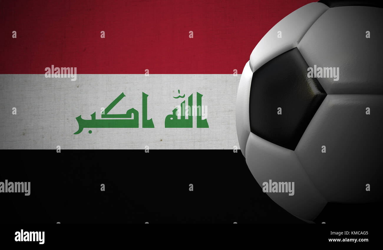 Fußball-Fußball gegen einen Irak Flagge Hintergrund. 3D-Rendering Stockfoto