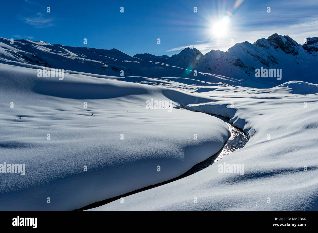 Winter in St. Gallen, Schweiz, Schweizer Alpen, Panorama, Melchsee-Frutt Stockfoto