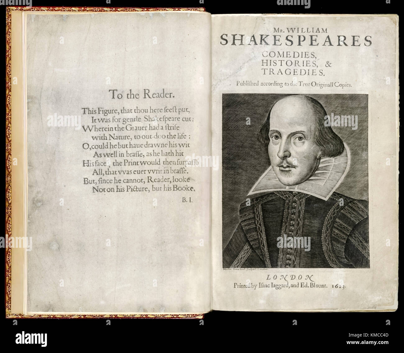 Titel von "The First Folio" die erste Ausgabe seiner Gesammelten Werke" Herr William Shakespeares Komödien, Geschichten und Tragödien", die erstmals in 1623 veröffentlichte, Gravur von William Shakespeare (1564-1616) von Martin Droeshout (1601-1650). Stockfoto