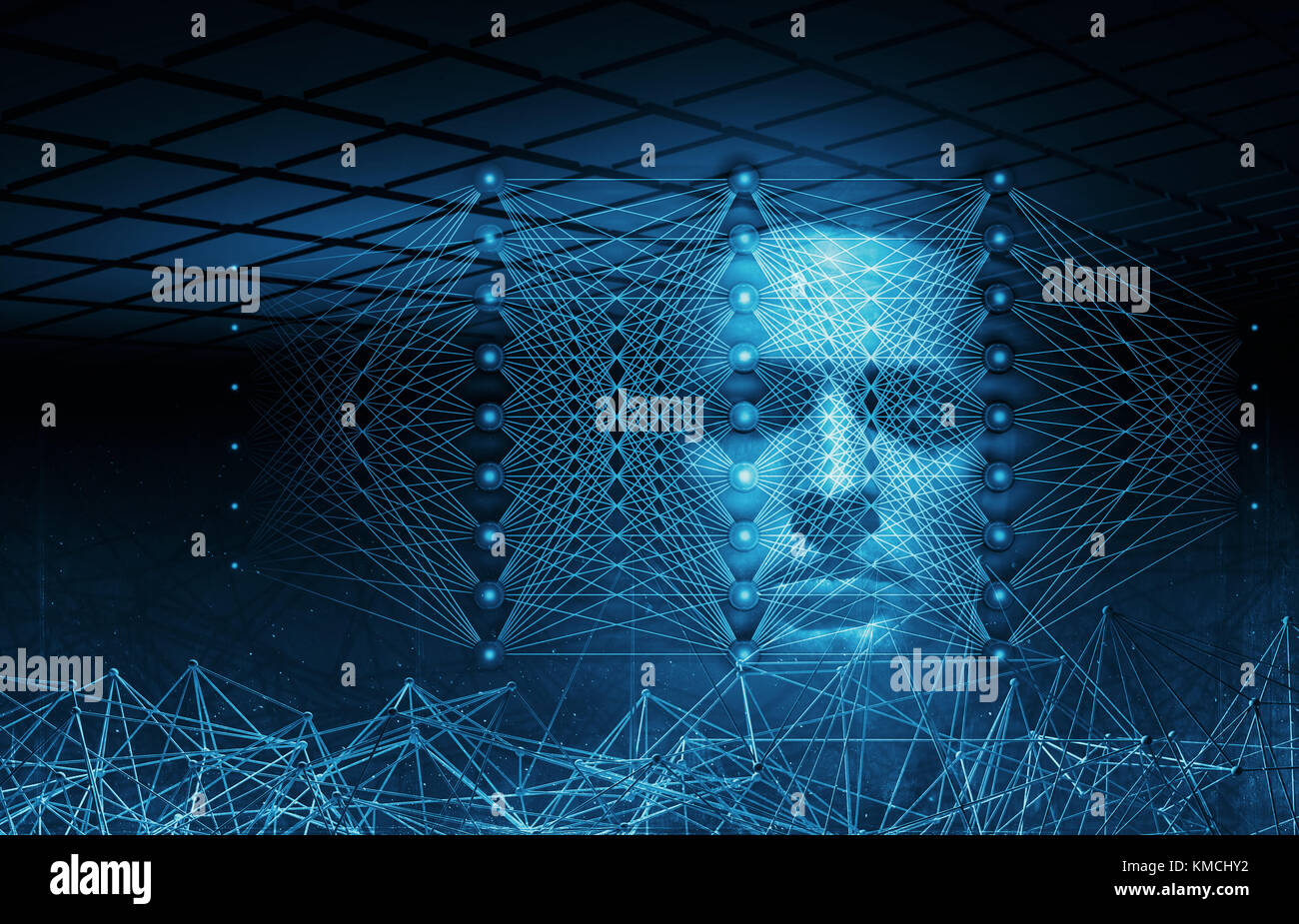 Künstliche Intelligenz konzeptionellen Digitale Illustration mit neuronalen Netzstrukturen und Blau menschliche Gesicht, 3D-Rendering Stockfoto