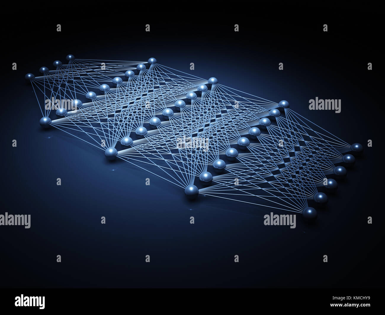 Künstliche tiefe neuronale Netzwerk Struktur, digitale Illustration mit Schaltplan blau Modell, 3D-Rendering Stockfoto