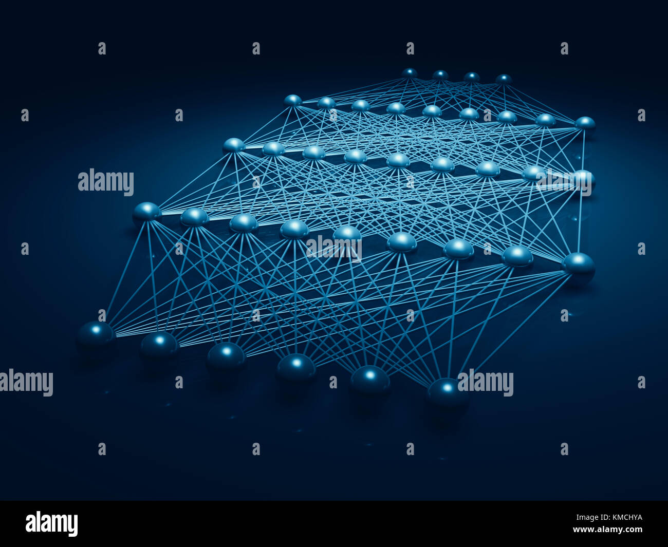 Künstliche tiefe neuronale Netzwerk Struktur, blau Digitale Illustration mit schematisches Modell, 3D-Rendering Stockfoto