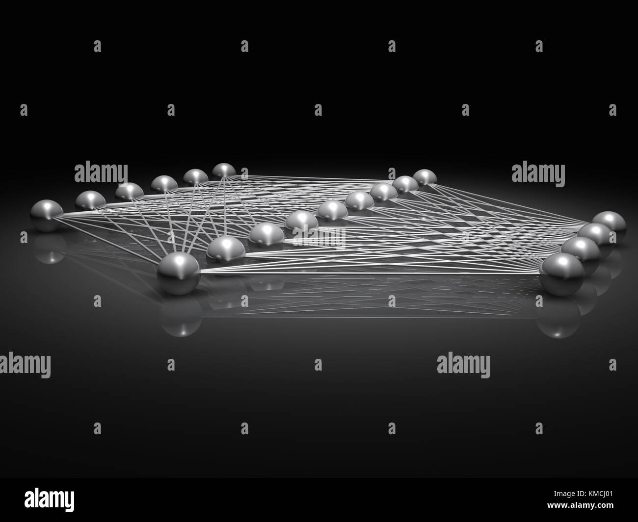 Künstliche flachen neuronales Netzwerk Struktur, digitale Illustration mit Schaltplan metallische Modell, 3D-Rendering Stockfoto