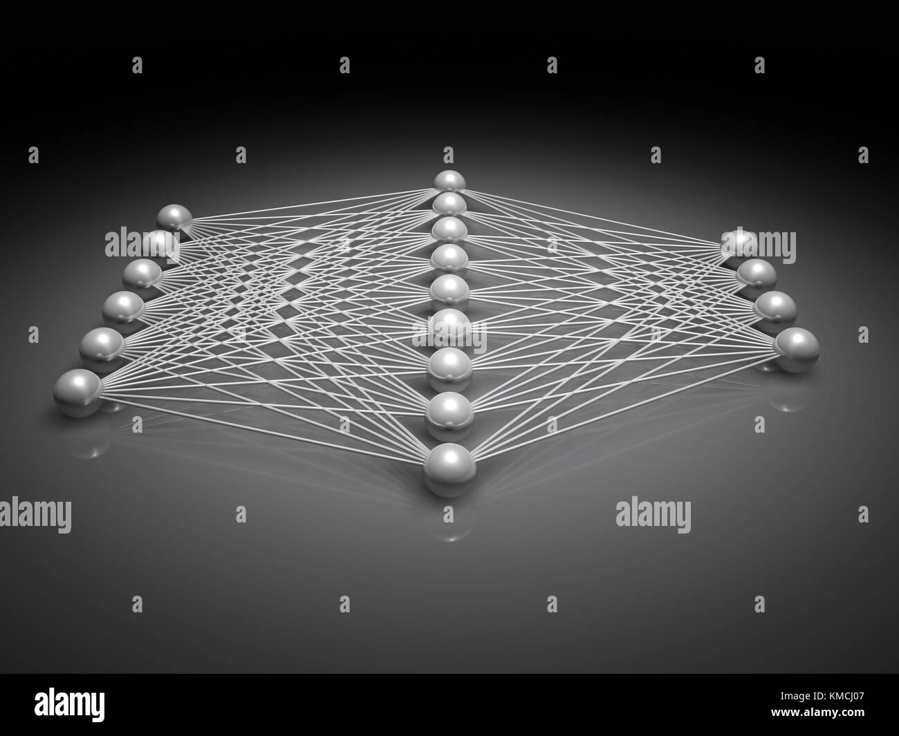 Künstliche flachen neuronales Netzwerk Struktur, Seitenansicht, Abbildung mit Schaltplan metallische Modell, 3D-Rendering Stockfoto