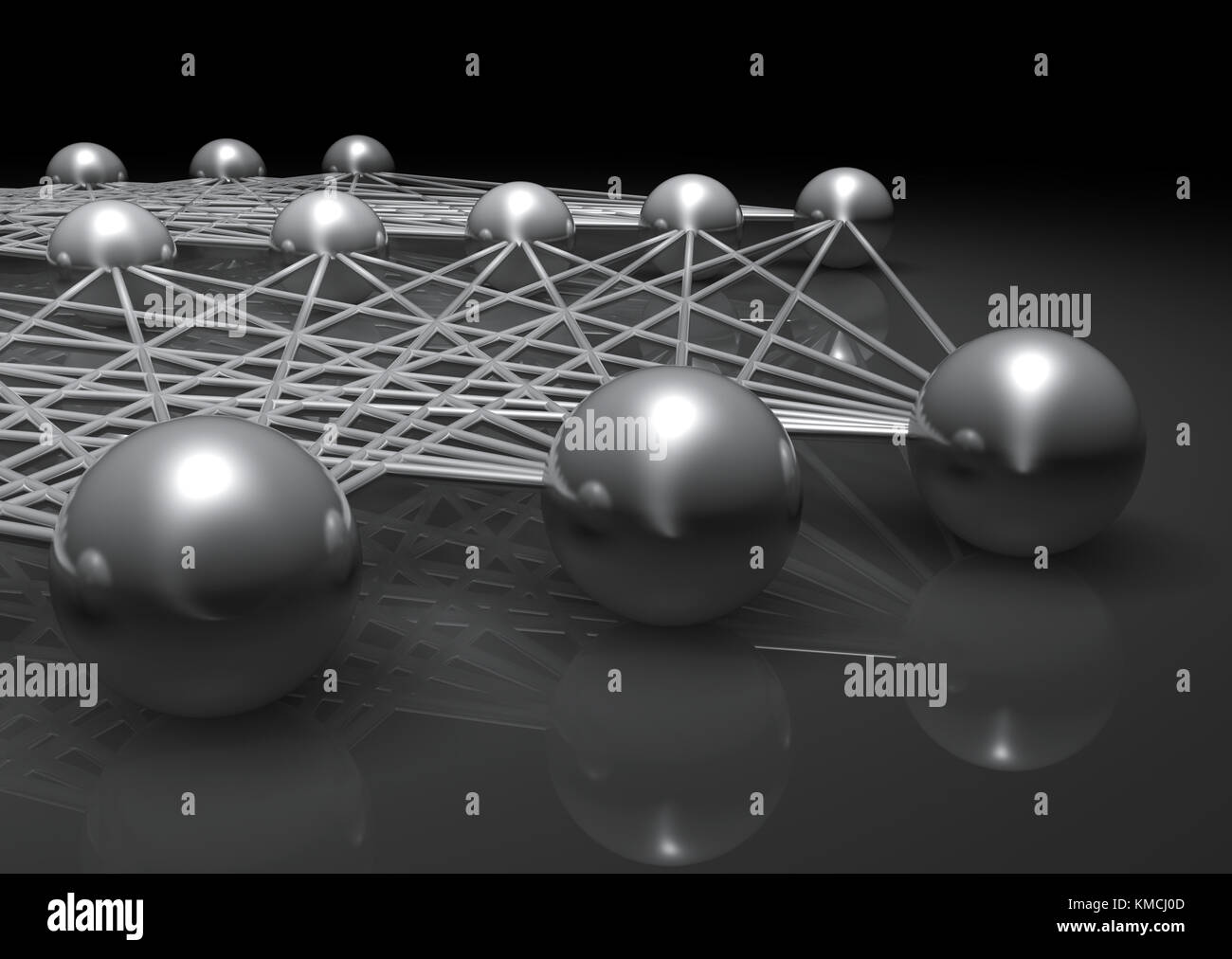 Künstliche flachen neuronales Netzwerk Fragment, cg Abbildung mit Schaltplan metallische Modell, 3D-Rendering Stockfoto