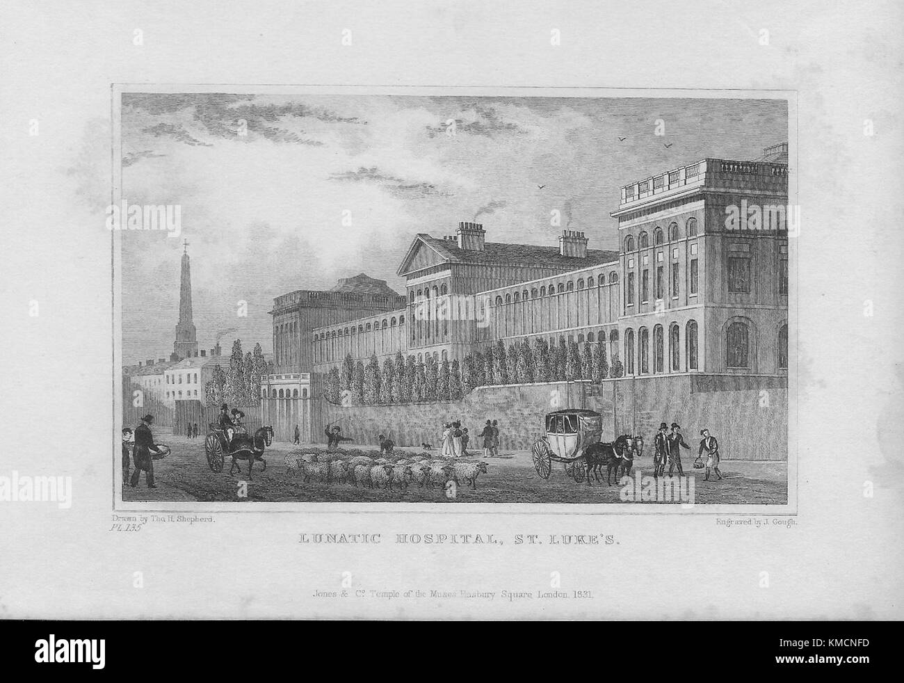 Lunatic Krankenhaus, St Luke's, Gravur 'Metropolitan Verbesserungen oder London im 19. Jahrhundert", London, England, Großbritannien 1828 Stockfoto