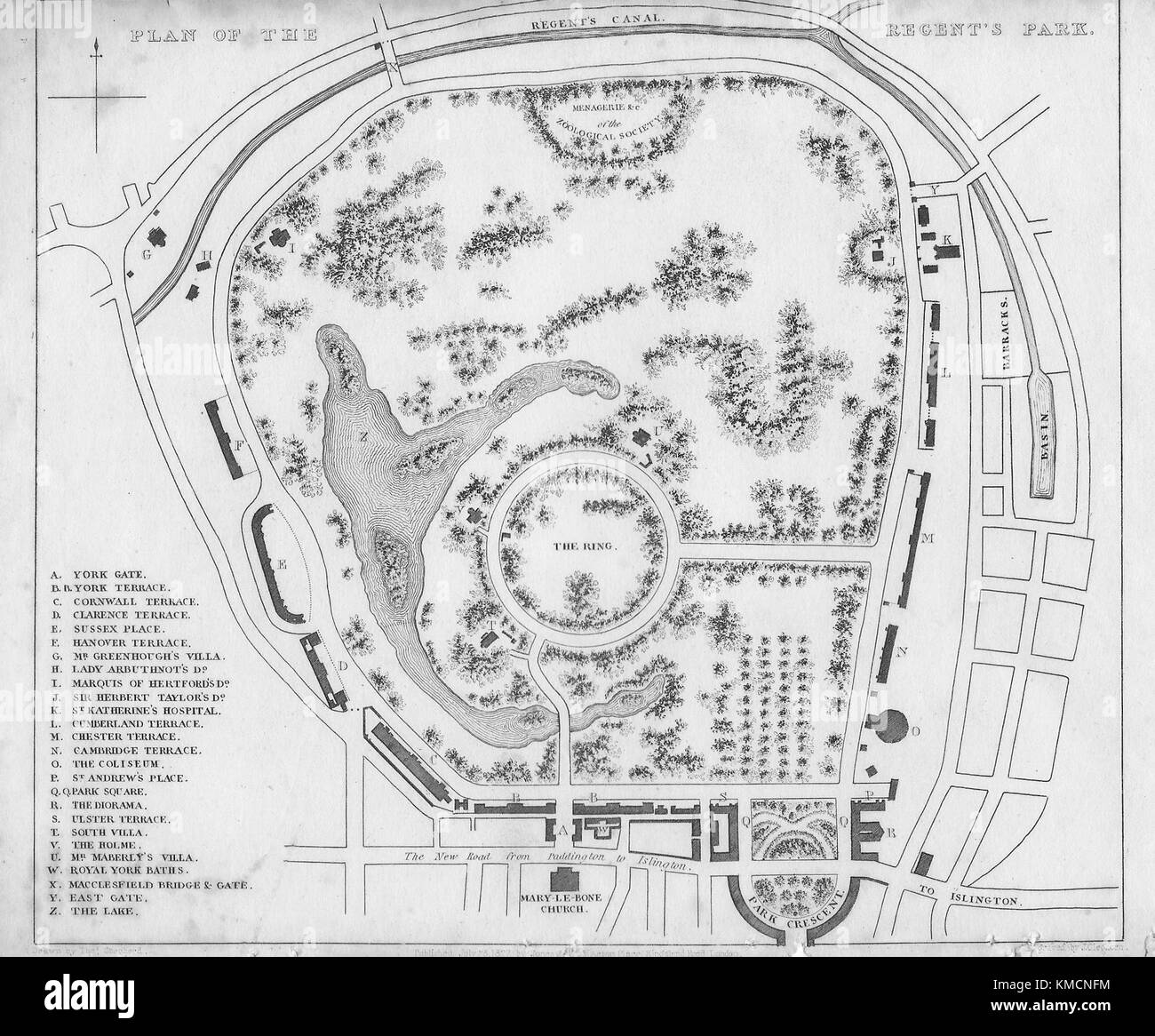 Plan für das Regent's Park, Gravur 'Metropolitan Verbesserungen oder London im 19. Jahrhundert", London, England, Großbritannien 1828 Stockfoto