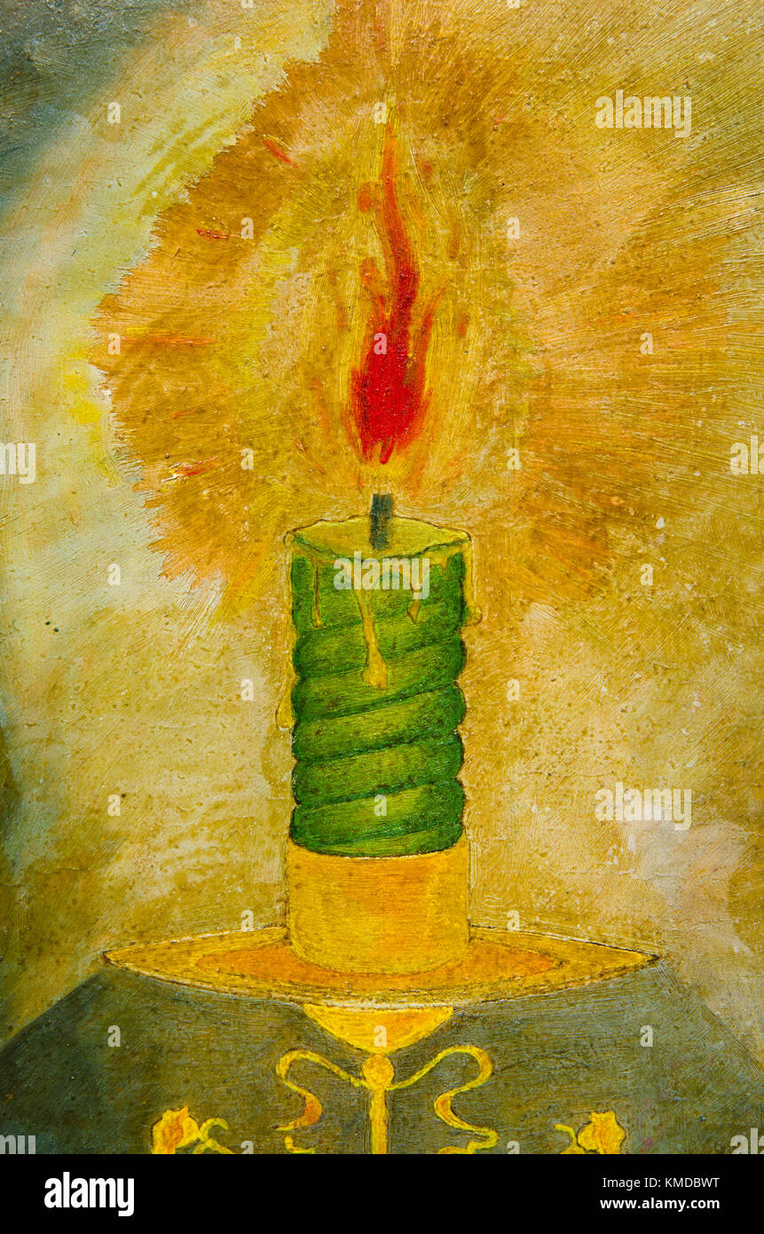 Brennende grüne Kerze mit goldenen Leuchter. Vertikale Muster mit Aquarell Stockfoto