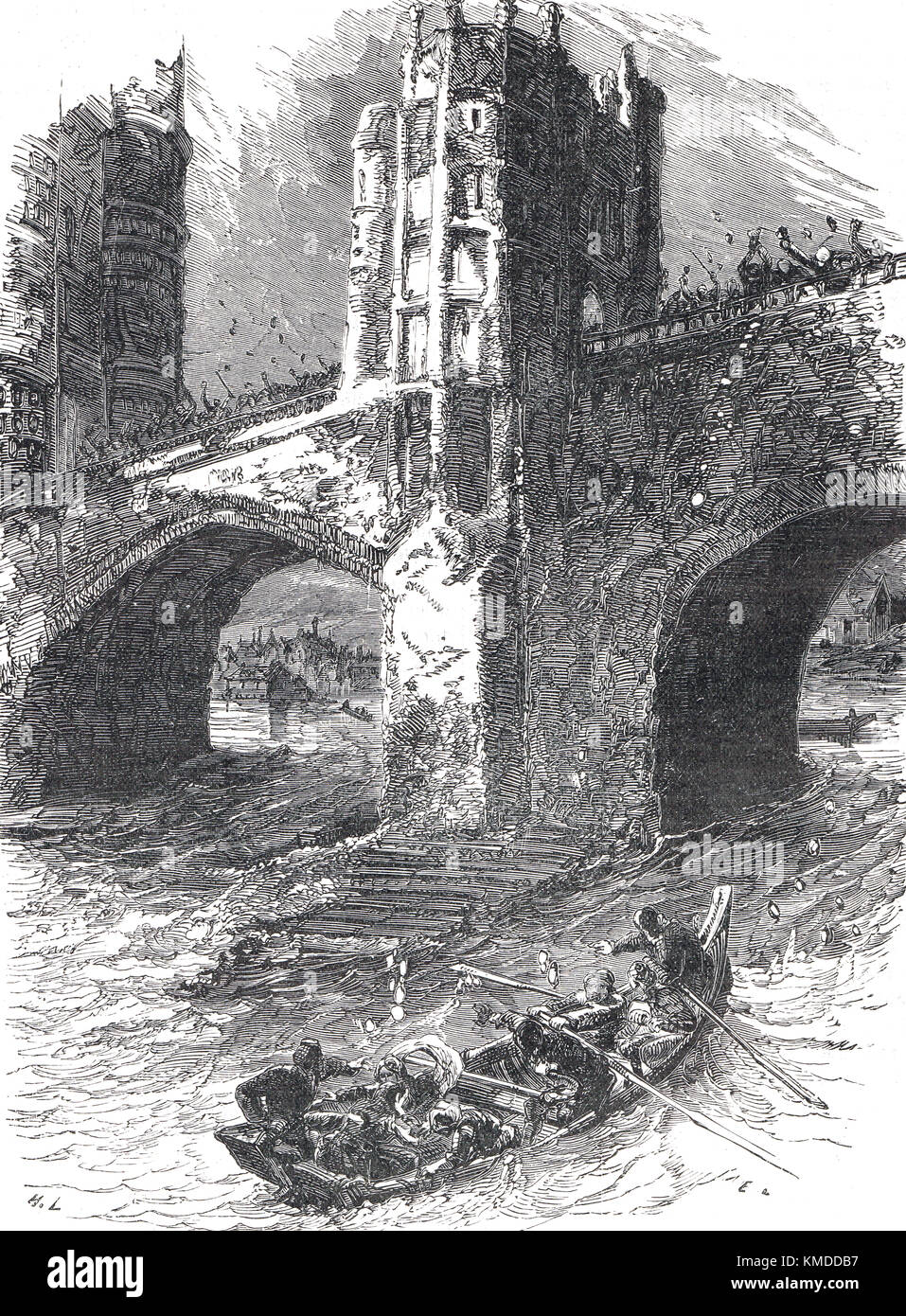 Der Flug der Königin eleanor von London, 1263,, Szene in London Bridge, Themse während der Revolte von 1263