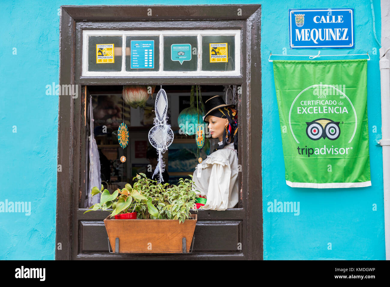 Fenster Anzeige an Craft artisan Shop in der Calle Mequinez, und Tripadvisor Banner, Puerto de la Cruz, Teneriffa, Kanarische Inseln, Spanien Stockfoto