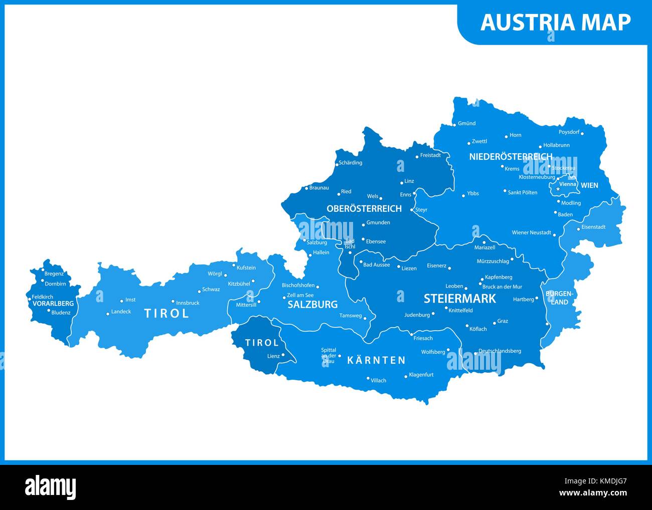 Die detaillierte Karte des Österreich mit Regionen oder Staaten und Städte, die Hauptstadt Stock Vektor
