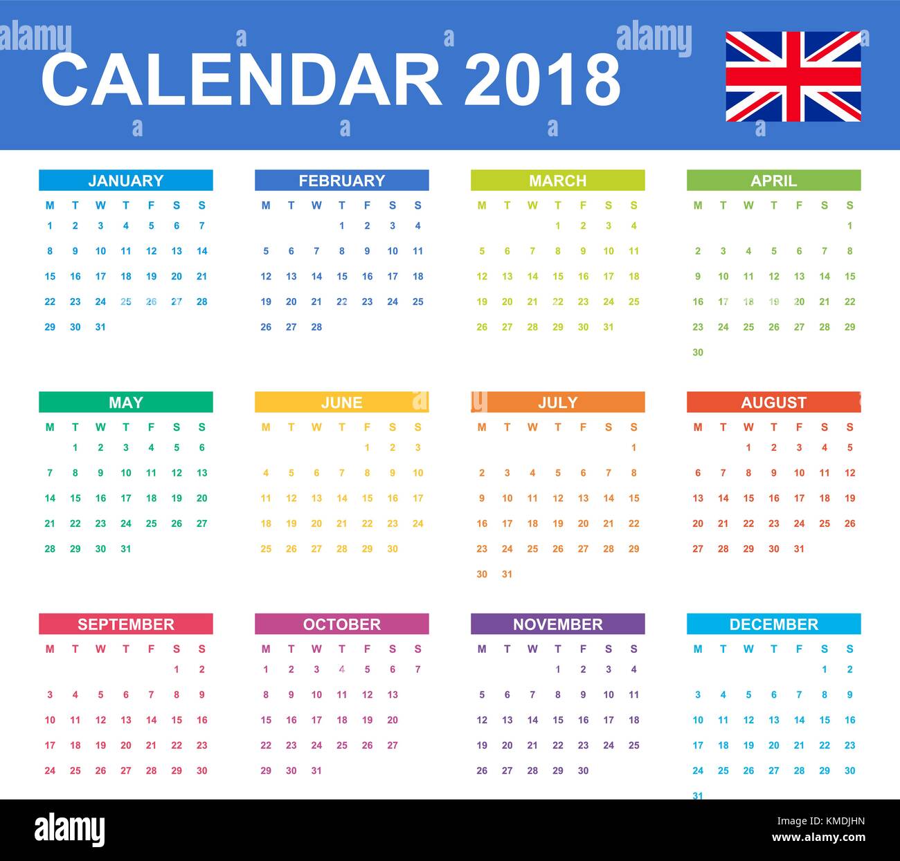 Englisch Kalender für 2018. Scheduler, Agenda oder Tagebuch Vorlage