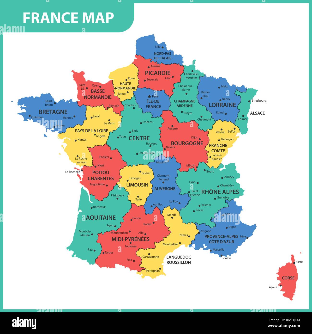 Die detaillierte Karte von Frankreich mit den Regionen oder Staaten und Städte, die Hauptstadt 