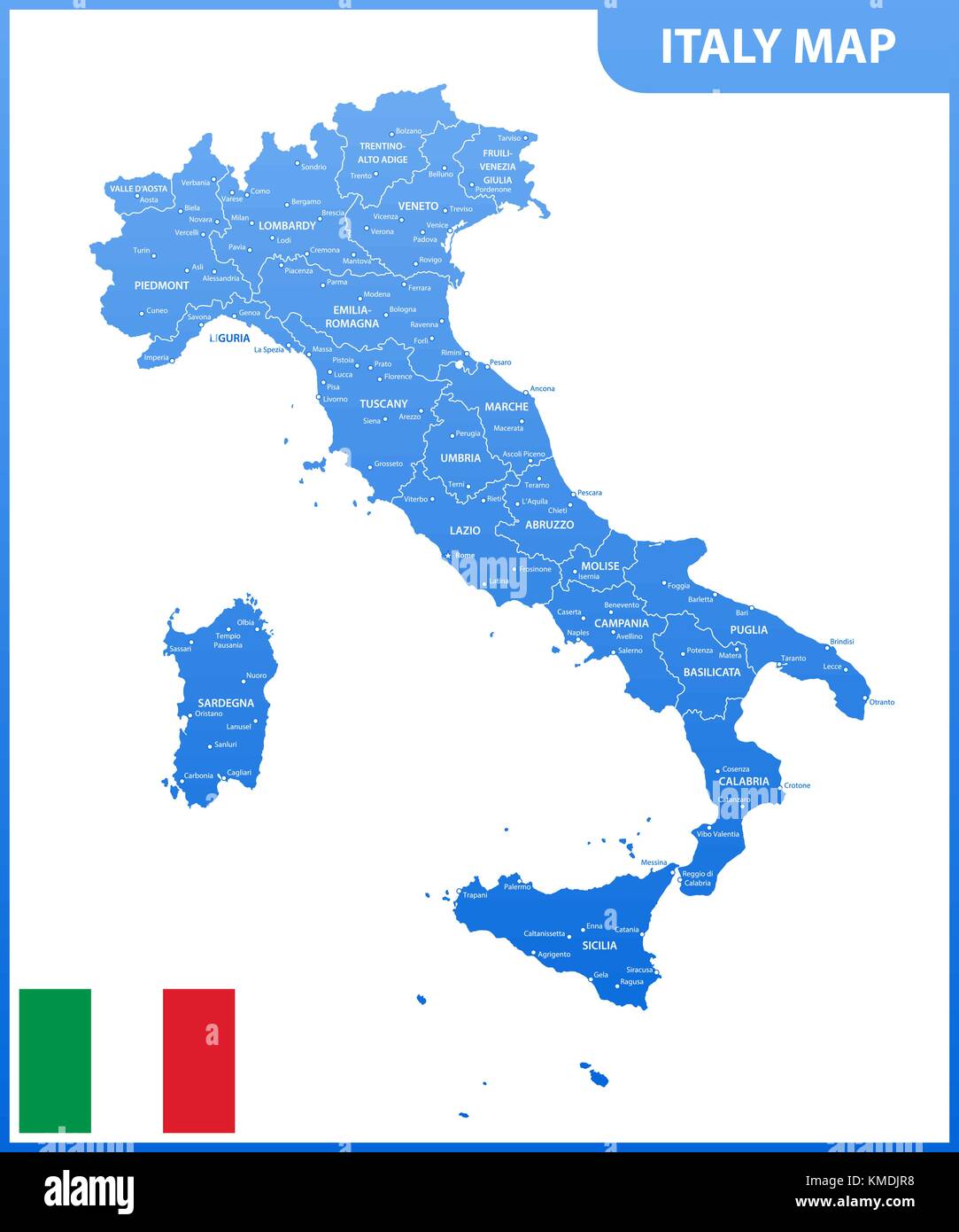 Die detaillierte Karte von Italien mit den Regionen oder Staaten und Städte, Kapital, National Flagge Stock Vektor