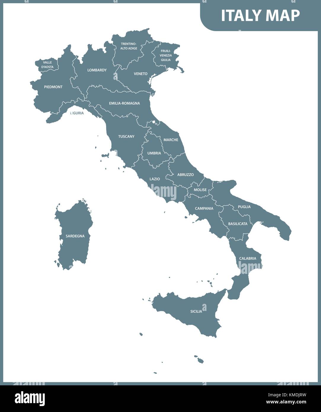 Die detaillierte Karte von Italien mit den Regionen Stock Vektor