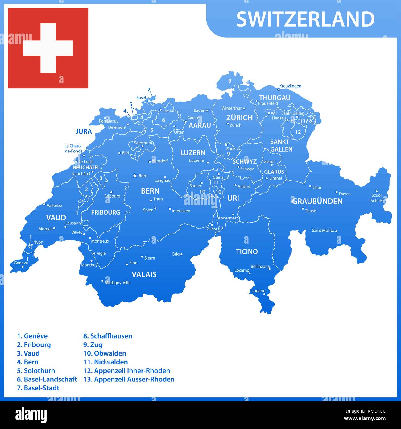 Die detaillierte Karte der Schweiz mit Regionen oder Staaten und Städte, Hauptstädte, National Flagge Stock Vektor